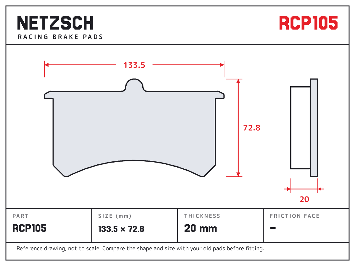 NETZSCH RCP105 brake pad drawing: 133.5 × 72.8 mm, 20 mm thick