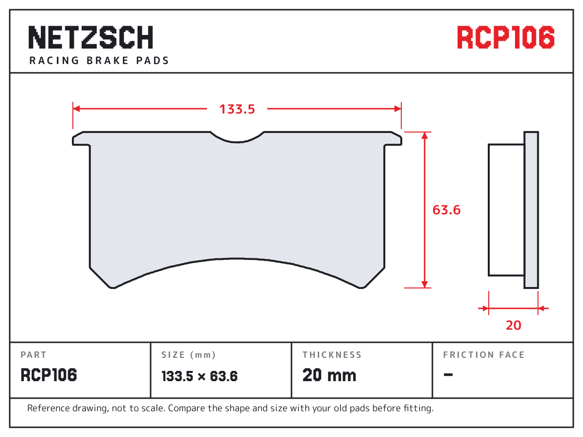NETZSCH RCP106 brake pad drawing: 133.5 × 63.6 mm, 20 mm thick