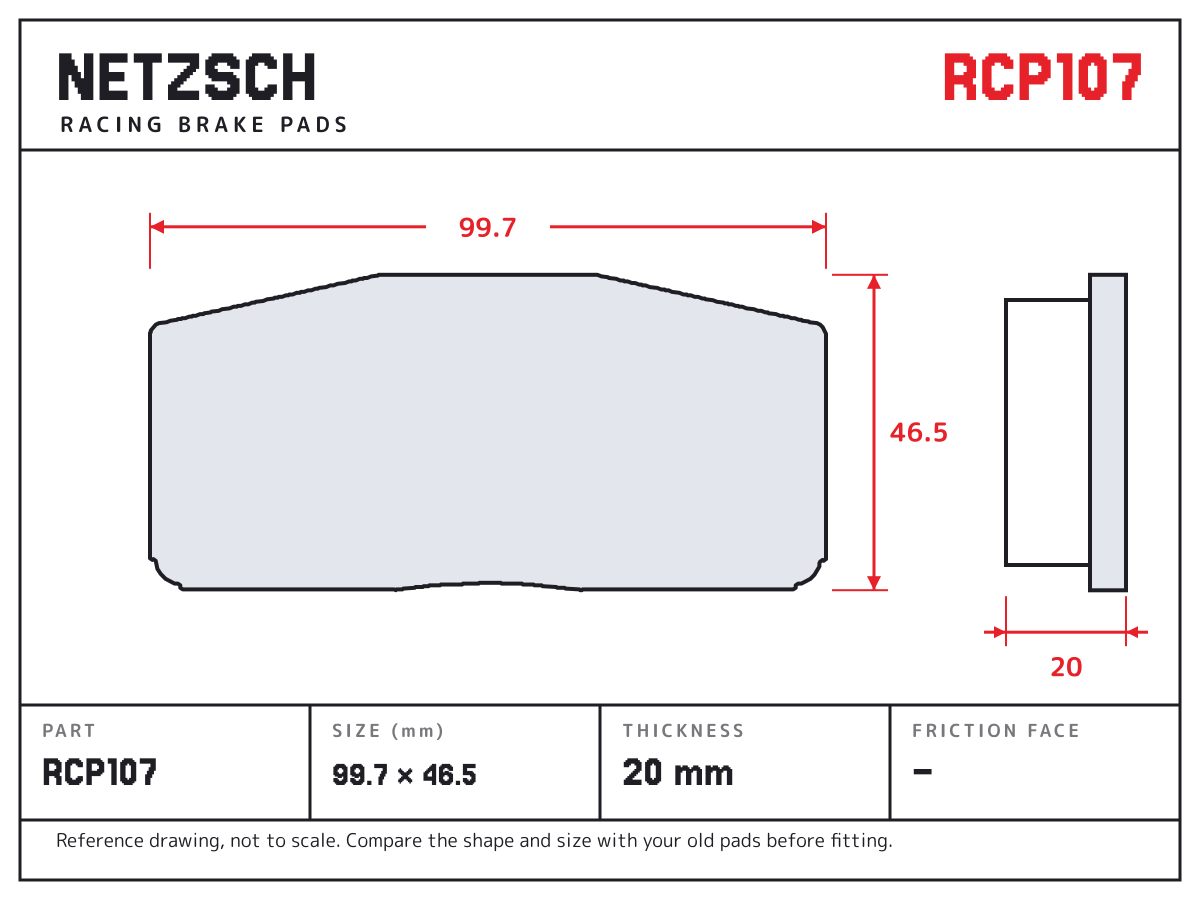 NETZSCH RCP107 brake pad drawing: 99.7 × 46.5 mm, 20 mm thick