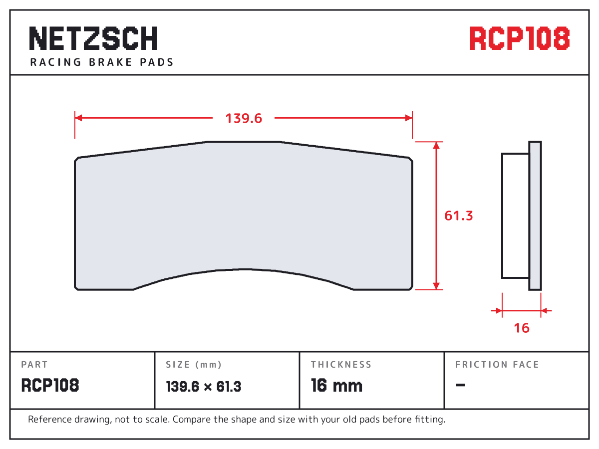 NETZSCH RCP108 brake pad drawing: 139.6 × 61.3 mm, 16 mm thick