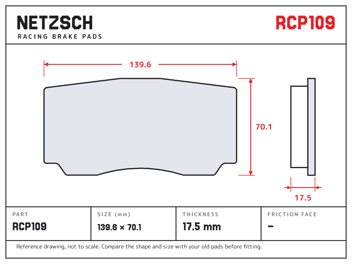 NETZSCH RCP109 brake pad drawing: 139.6 × 70.1 mm, 17.5 mm thick