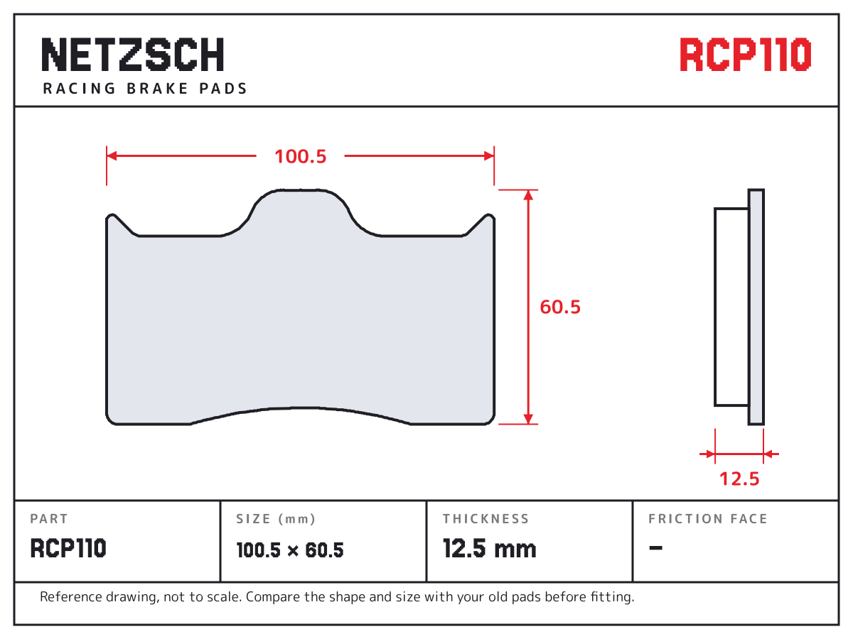 NETZSCH RCP110 brake pad drawing: 100.5 × 60.5 mm, 12.5 mm thick