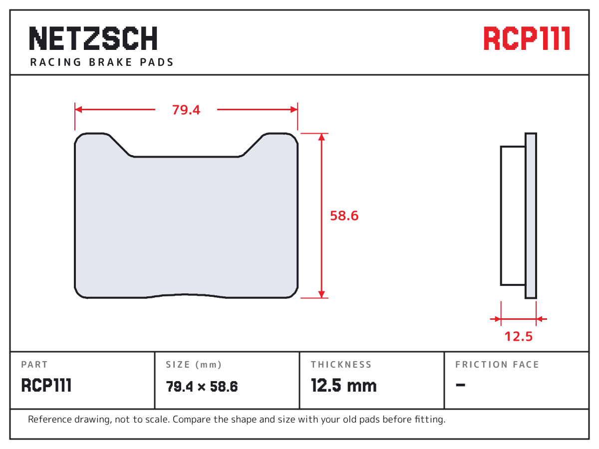 NETZSCH RCP111 brake pad drawing: 79.4 × 58.6 mm, 12.5 mm thick