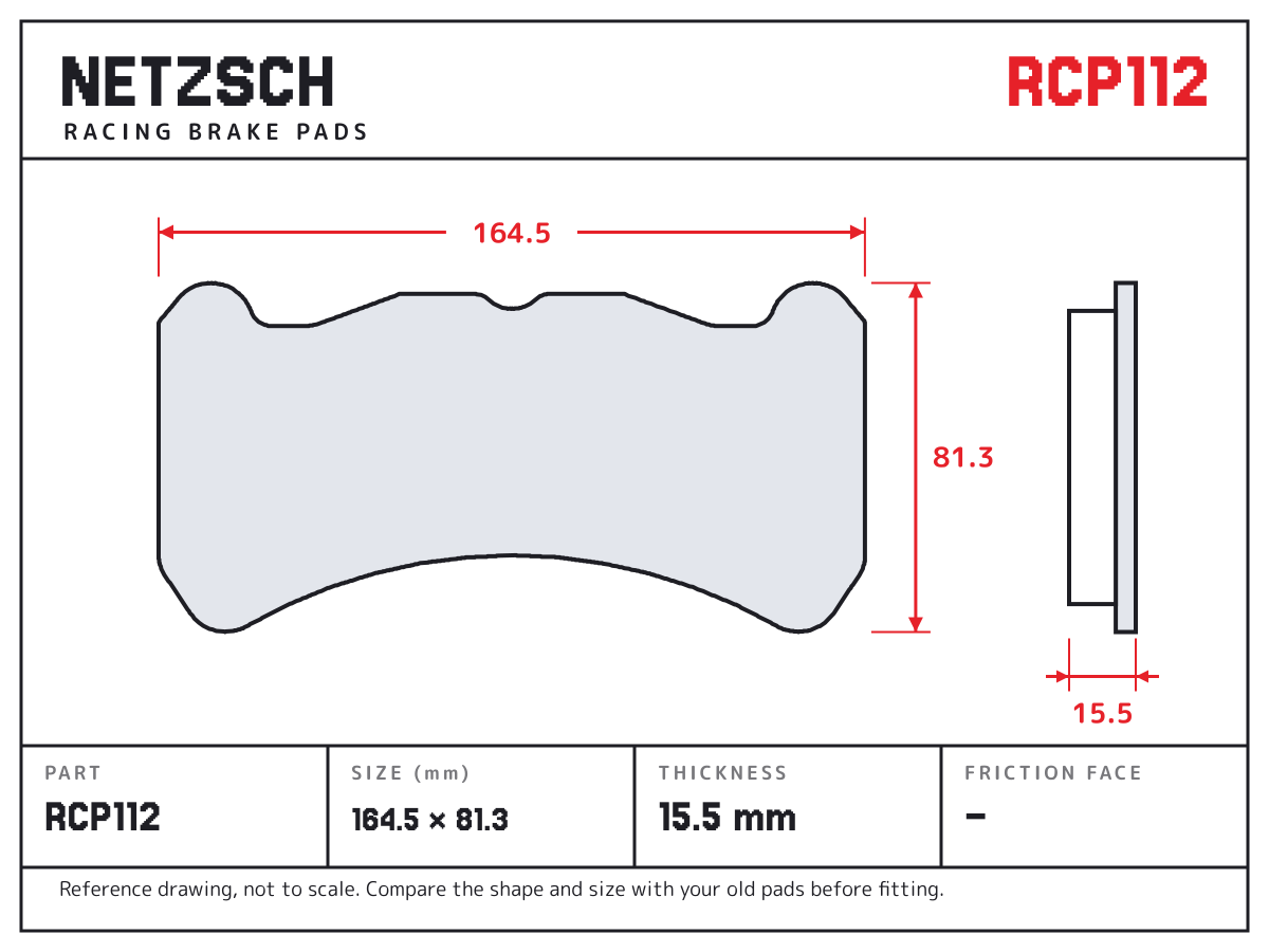 NETZSCH RCP112 brake pad drawing: 164.5 × 81.3 mm, 15.5 mm thick