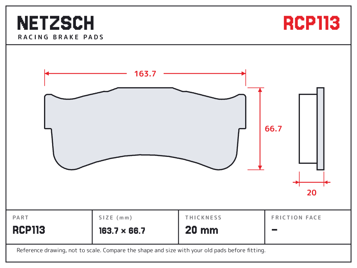 NETZSCH RCP113 brake pad drawing: 163.7 × 66.7 mm, 20 mm thick