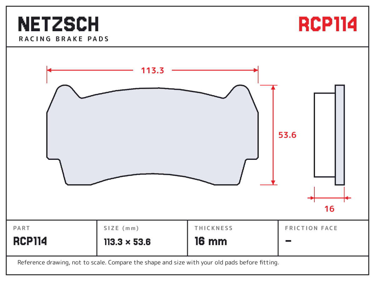 NETZSCH RCP114 brake pad drawing: 113.3 × 53.6 mm, 16 mm thick