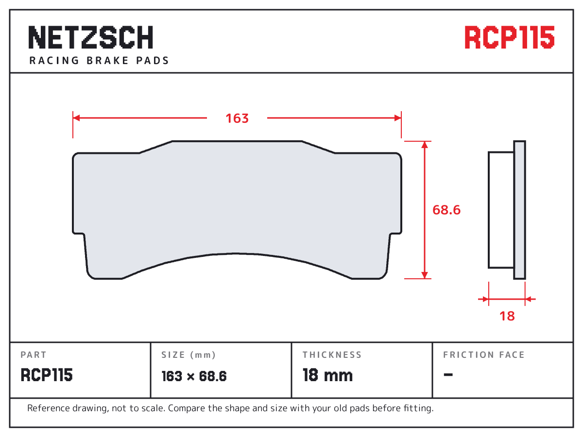 NETZSCH RCP115 brake pad drawing: 163 × 68.6 mm, 18 mm thick
