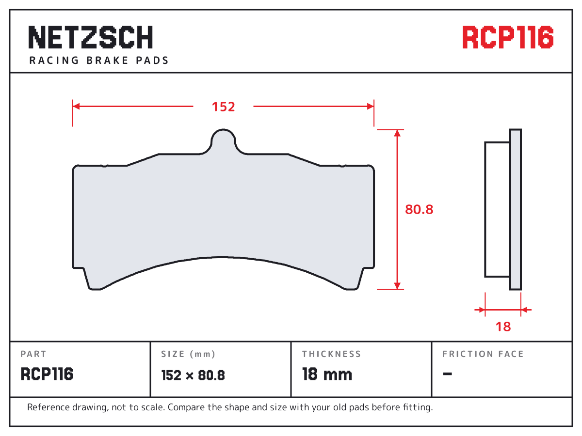 NETZSCH RCP116 brake pad drawing: 152 × 80.8 mm, 18 mm thick