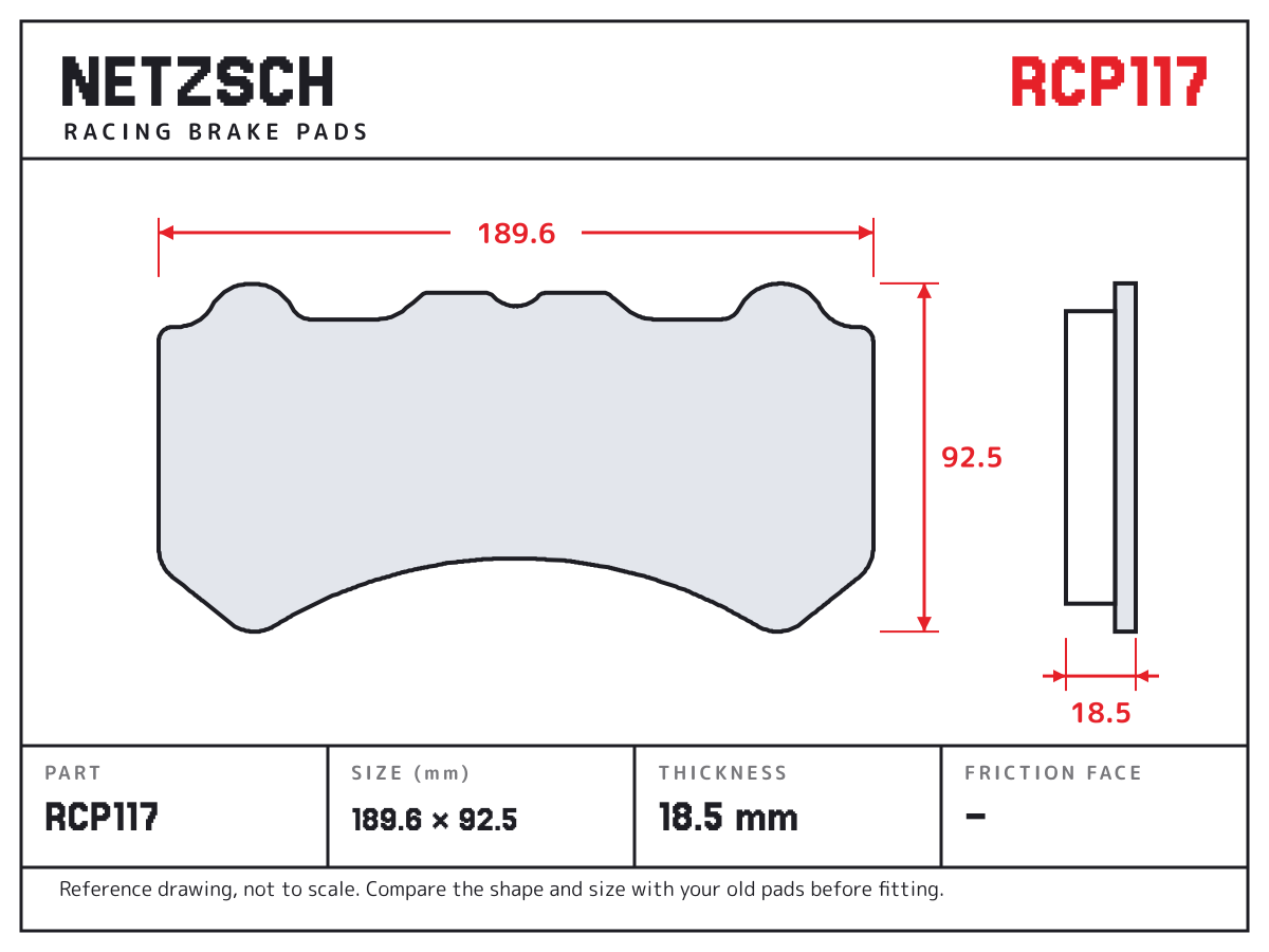 NETZSCH RCP117 brake pad drawing: 189.6 × 92.5 mm, 18.5 mm thick