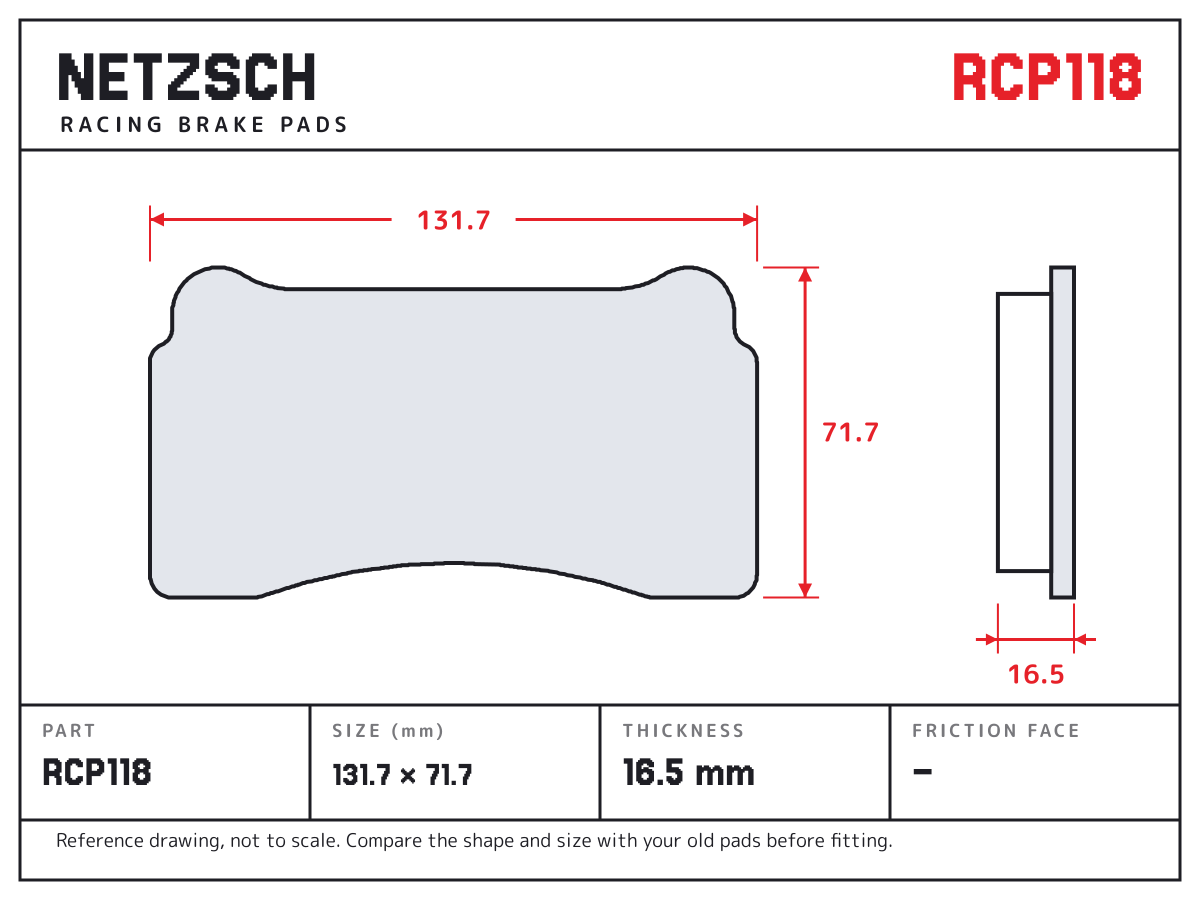 NETZSCH RCP118 brake pad drawing: 131.7 × 71.7 mm, 16.5 mm thick