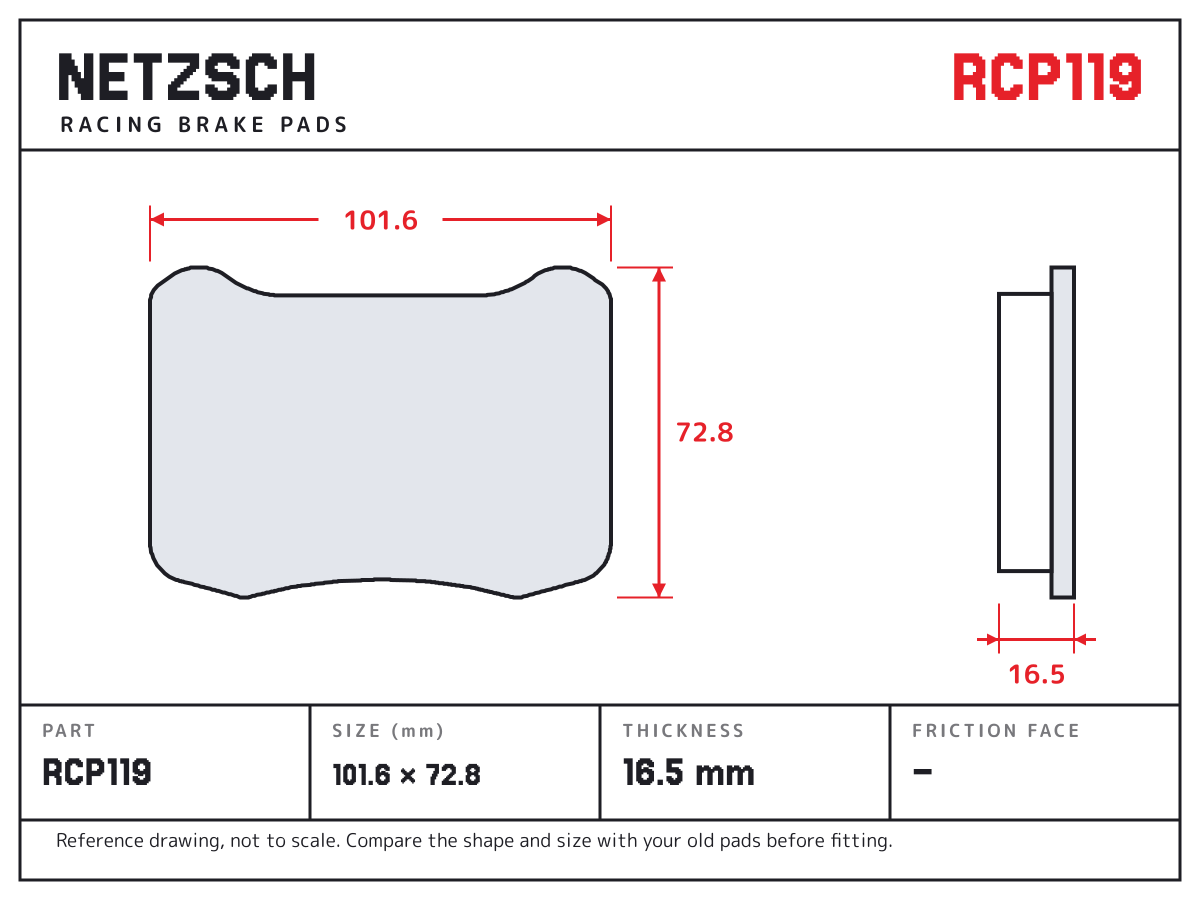 NETZSCH RCP119 brake pad drawing: 101.6 × 72.8 mm, 16.5 mm thick