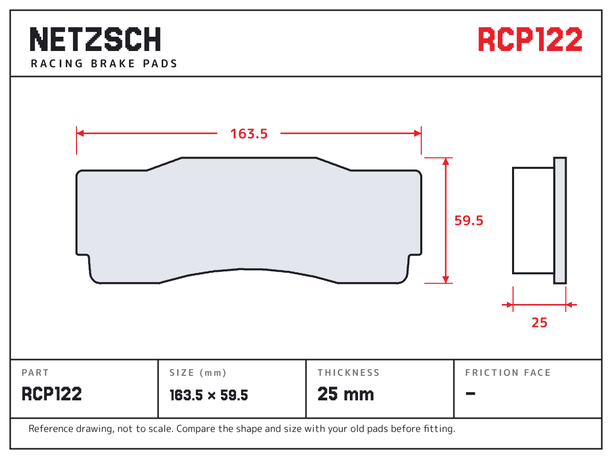 NETZSCH RCP122 brake pad drawing: 163.5 × 59.5 mm, 25 mm thick