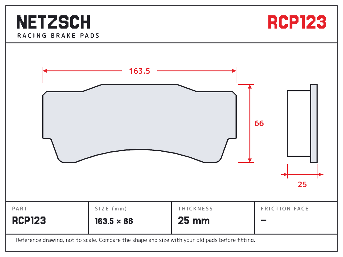 NETZSCH RCP123 brake pad drawing: 163.5 × 66 mm, 25 mm thick