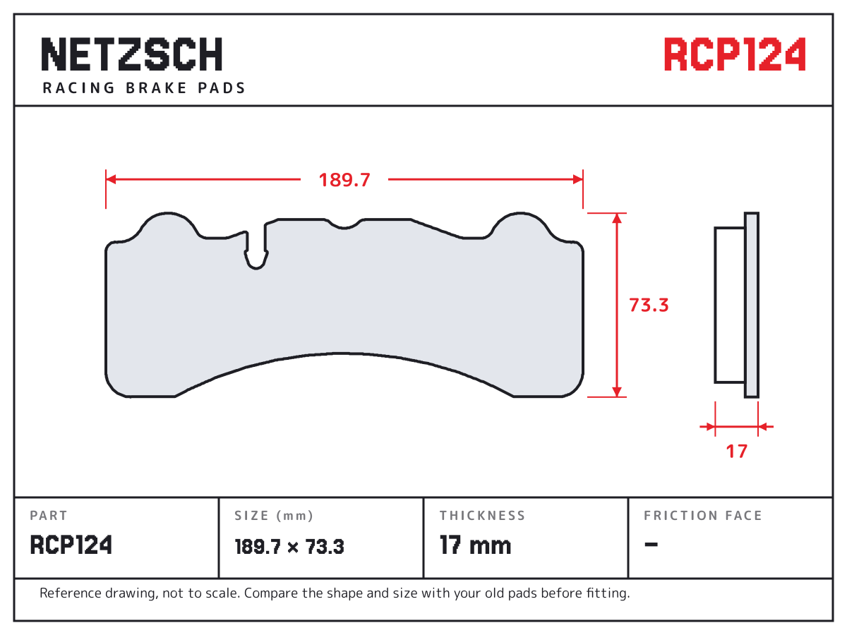 NETZSCH RCP124 brake pad drawing: 189.7 × 73.3 mm, 17 mm thick