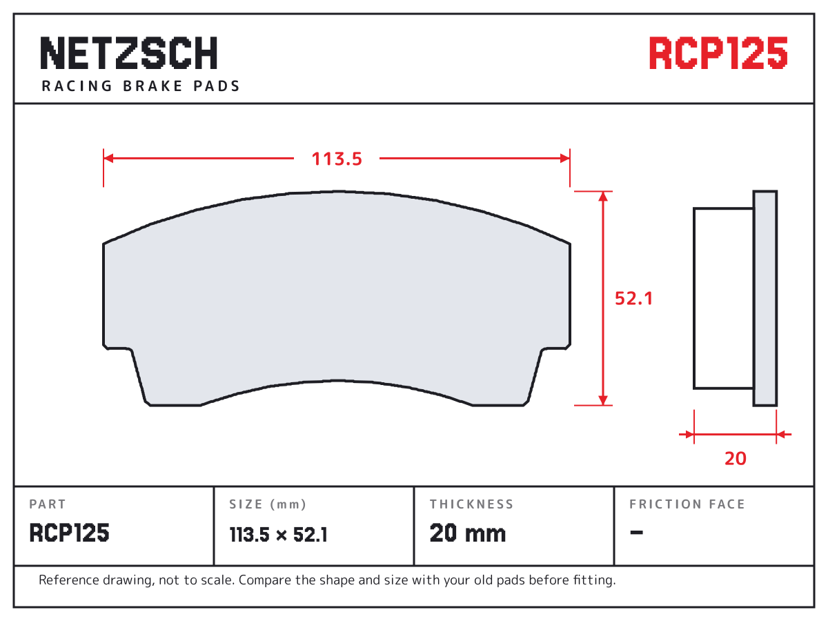 NETZSCH RCP125 brake pad drawing: 113.5 × 52.1 mm, 20 mm thick