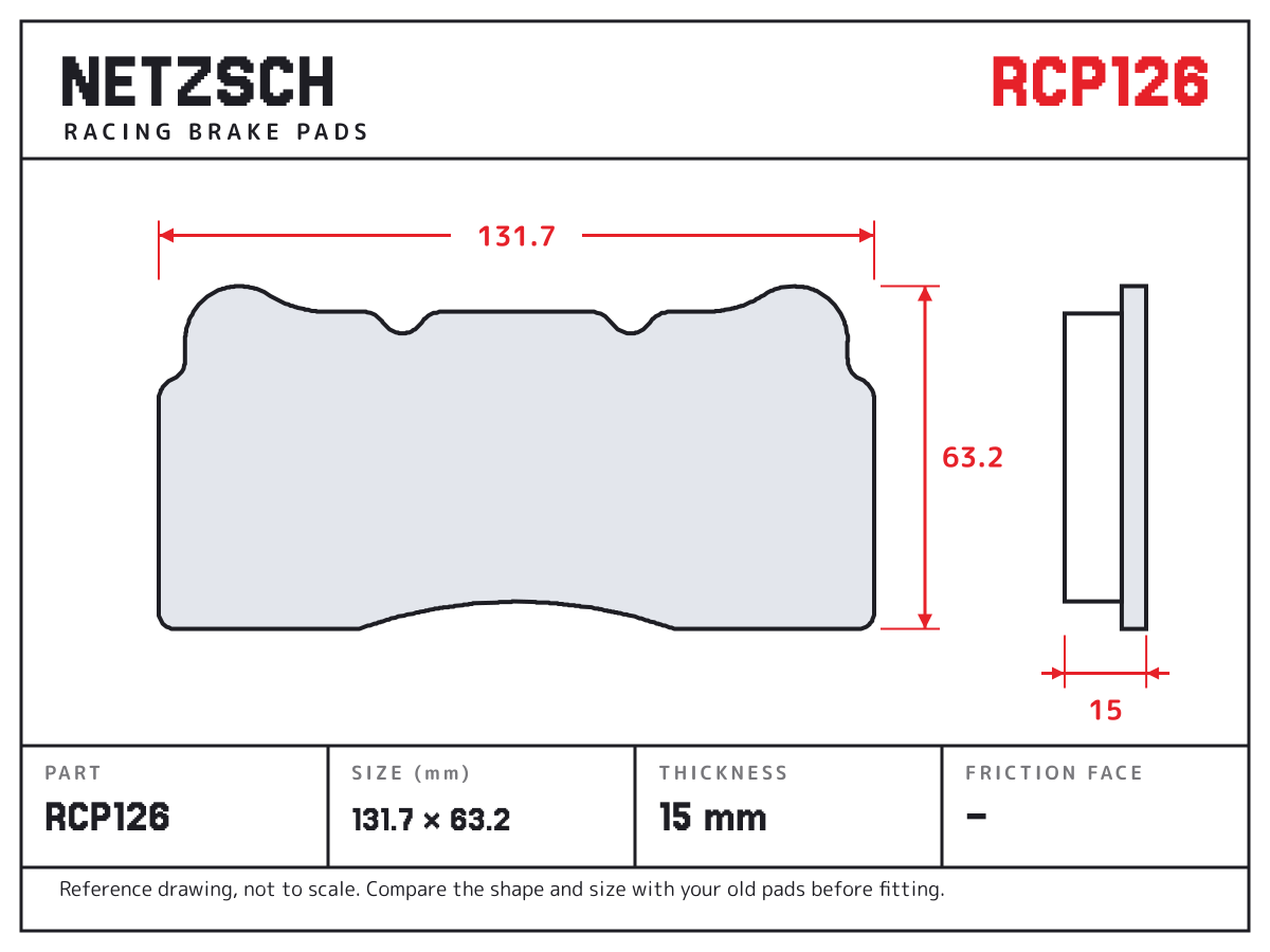 NETZSCH RCP126 brake pad drawing: 131.7 × 63.2 mm, 15 mm thick