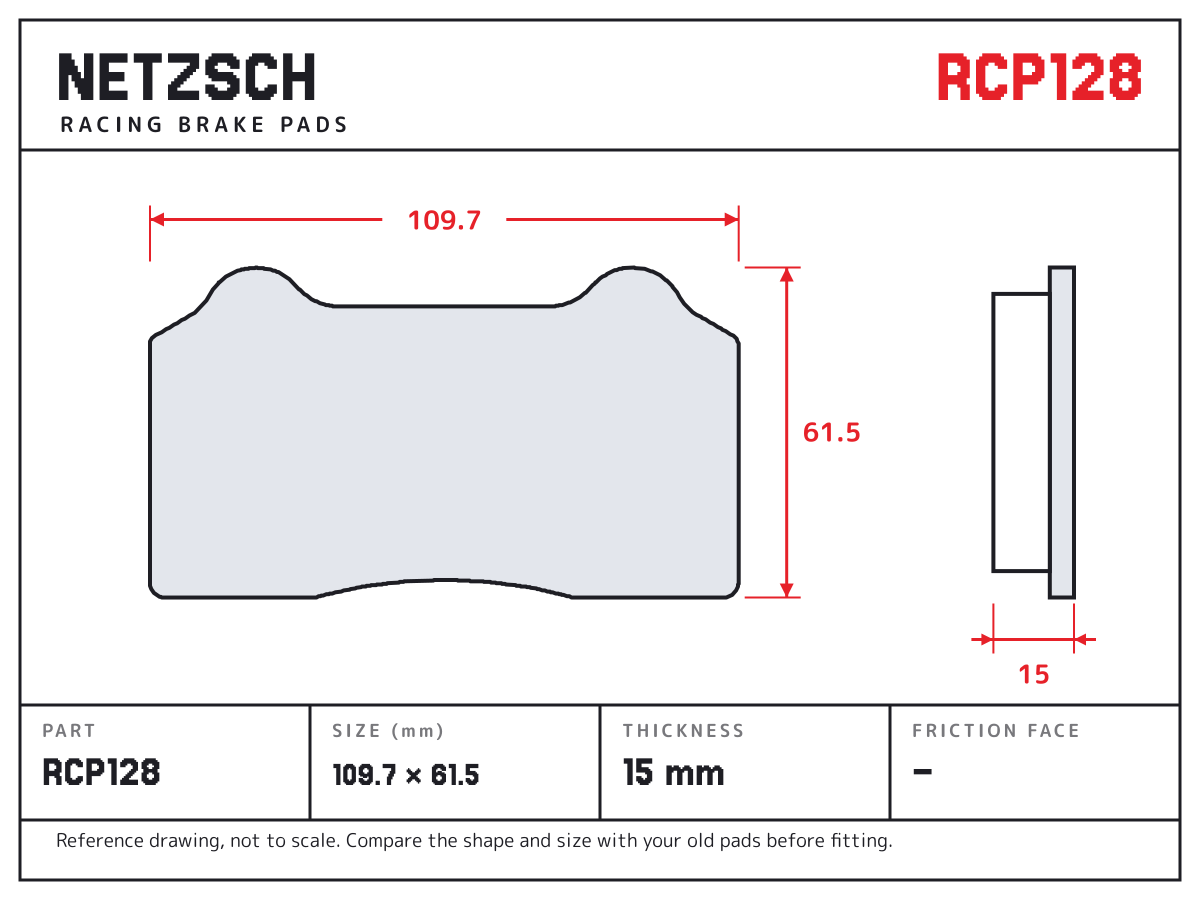 NETZSCH RCP128 brake pad drawing: 109.7 × 61.5 mm, 15 mm thick