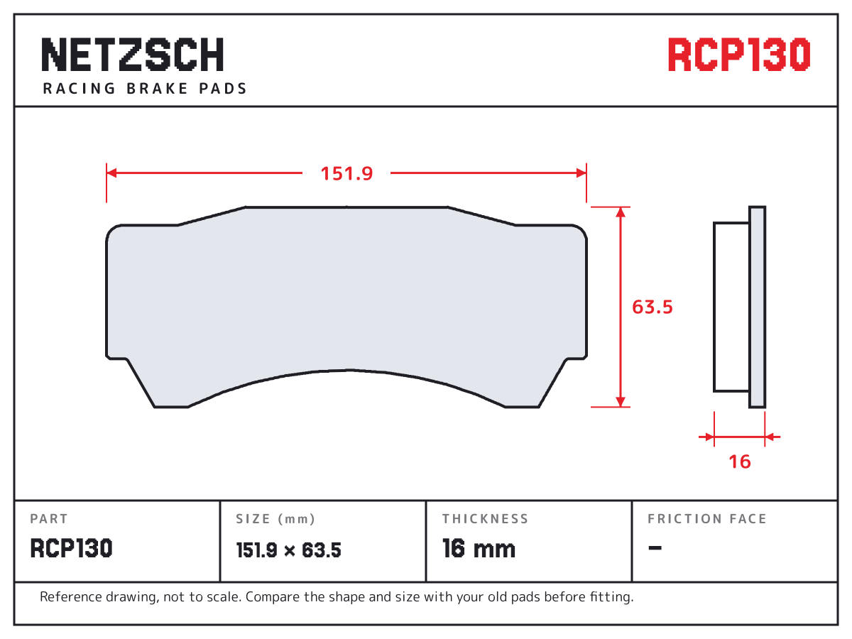 NETZSCH RCP130 brake pad drawing: 151.9 × 63.5 mm, 16 mm thick