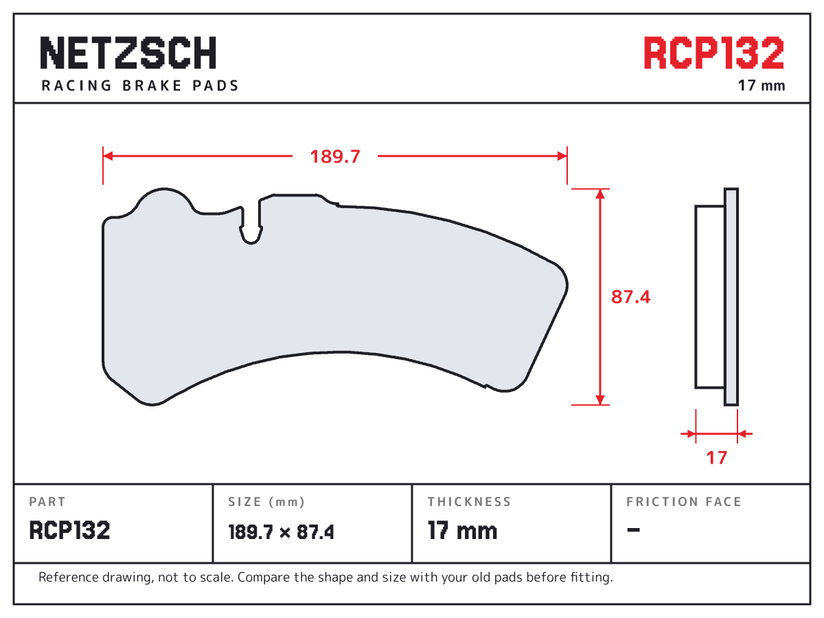NETZSCH RCP132 brake pad drawing: 189.7 × 87.4 mm, 17 mm thick
