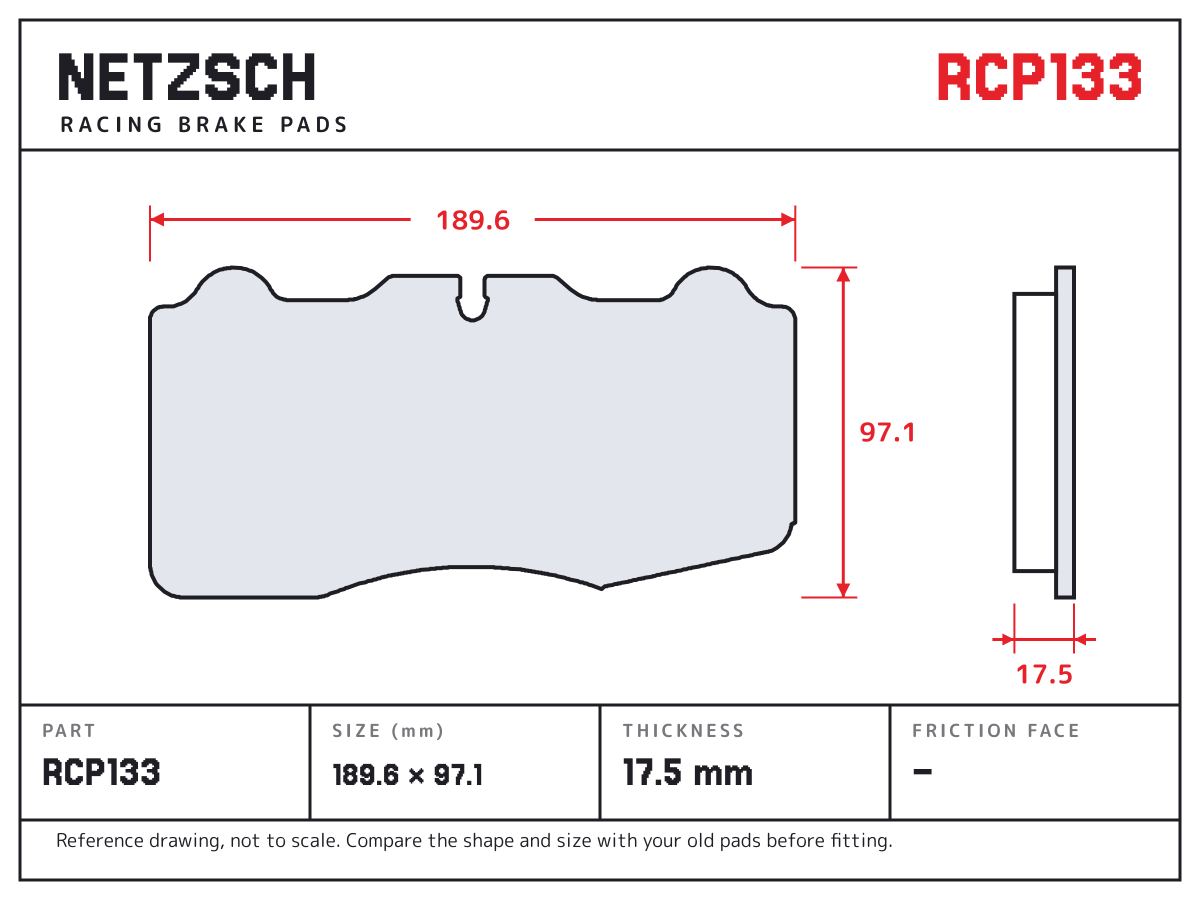 NETZSCH RCP133 brake pad drawing: 189.6 × 97.1 mm, 17.5 mm thick
