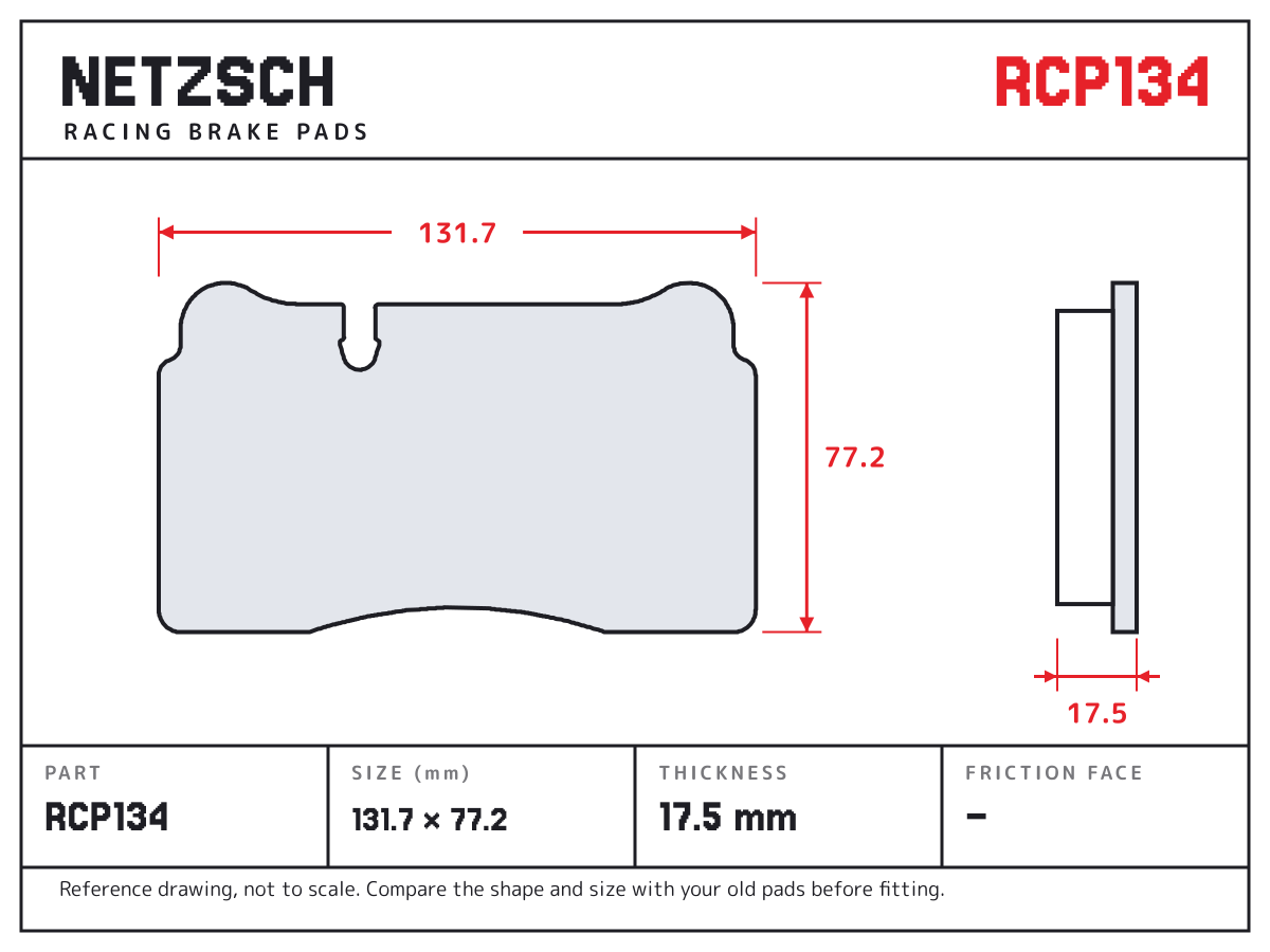 NETZSCH RCP134 brake pad drawing: 131.7 × 77.2 mm, 17.5 mm thick