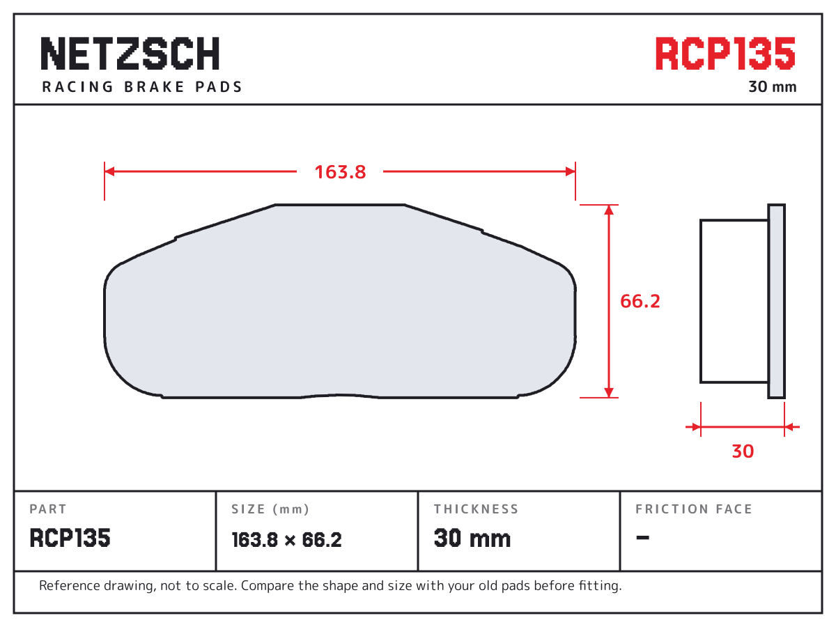 NETZSCH RCP135 brake pad drawing: 163.8 × 66.2 mm, 30 mm thick