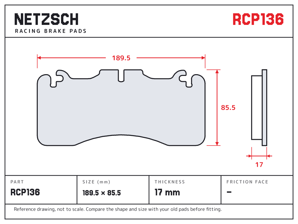 NETZSCH RCP136 brake pad drawing: 189.5 × 85.5 mm, 17 mm thick