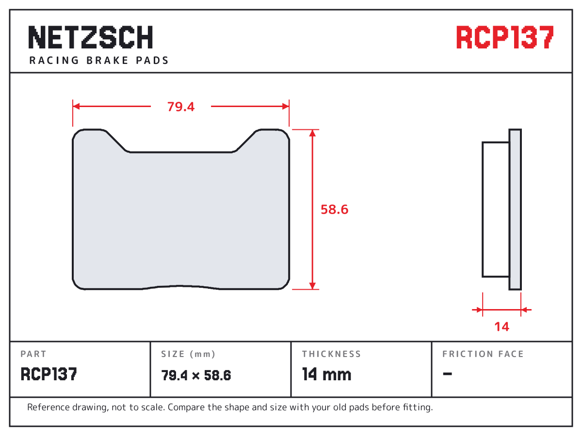 NETZSCH RCP137 brake pad drawing: 79.4 × 58.6 mm, 14 mm thick