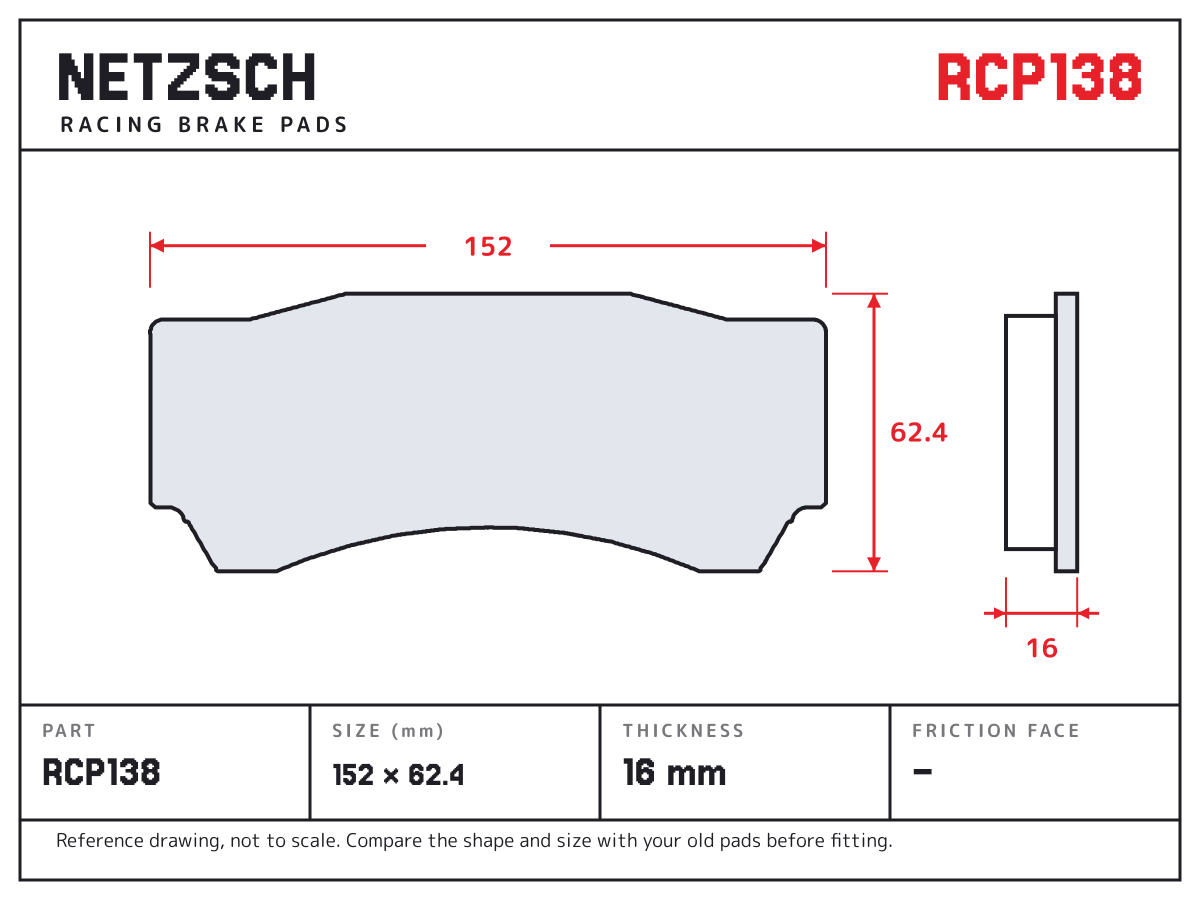 NETZSCH RCP138 brake pad drawing: 152 × 62.4 mm, 16 mm thick