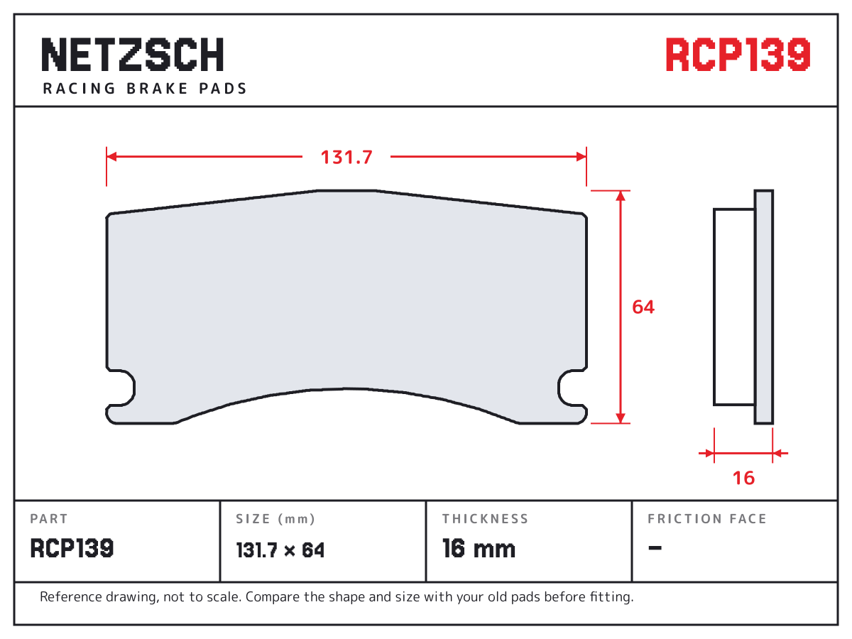 NETZSCH RCP139 brake pad drawing: 131.7 × 64 mm, 16 mm thick