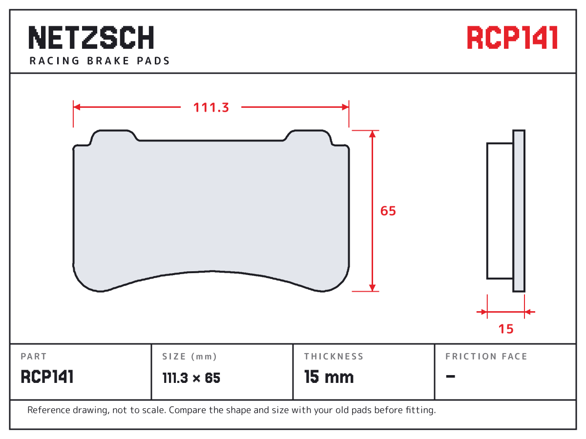 NETZSCH RCP141 brake pad drawing: 111.3 × 65 mm, 15 mm thick