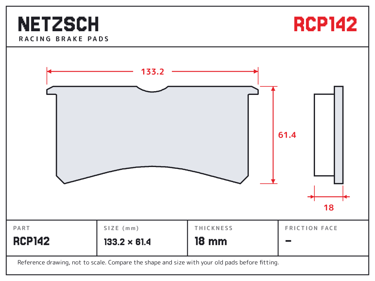 NETZSCH RCP142 brake pad drawing: 133.2 × 61.4 mm, 18 mm thick