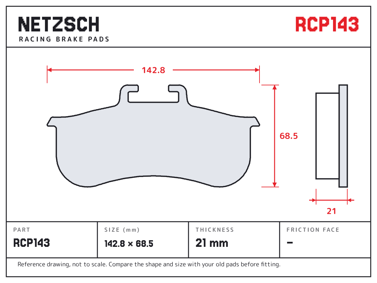 NETZSCH RCP143 brake pad drawing: 142.8 × 68.5 mm, 21 mm thick