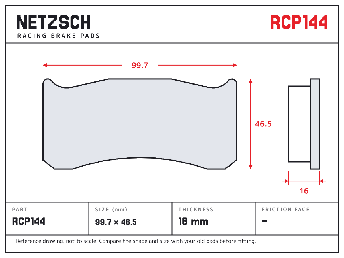 NETZSCH RCP144 brake pad drawing: 99.7 × 46.5 mm, 16 mm thick