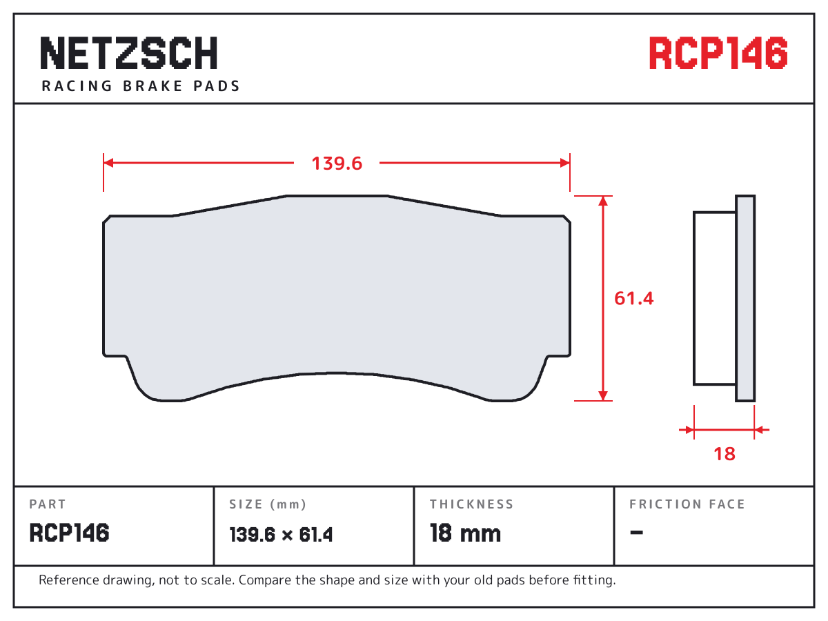 NETZSCH RCP146 brake pad drawing: 139.6 × 61.4 mm, 18 mm thick