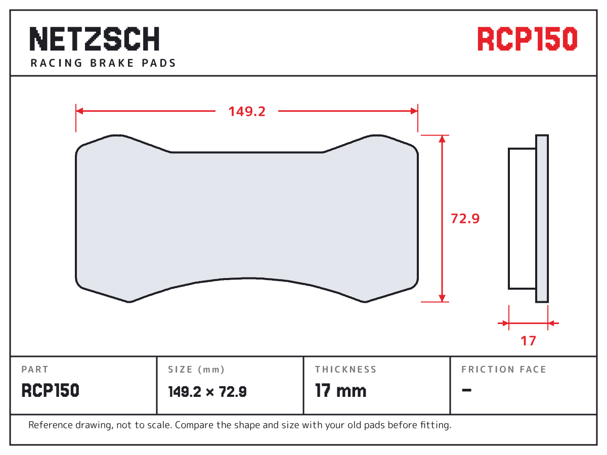 NETZSCH RCP150 brake pad drawing: 149.2 × 72.9 mm, 17 mm thick
