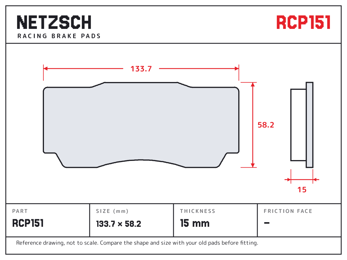 NETZSCH RCP151 brake pad drawing: 133.7 × 58.2 mm, 15 mm thick