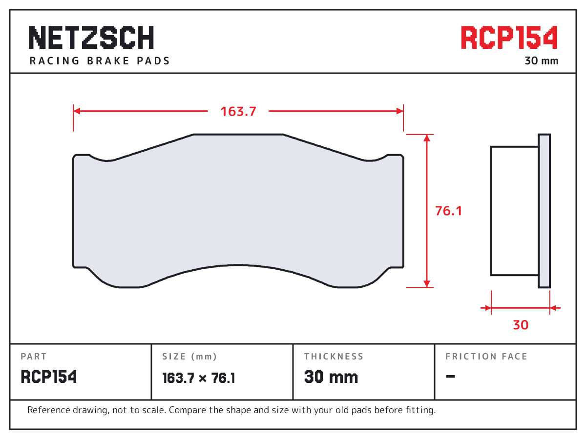 NETZSCH RCP154 brake pad drawing: 163.7 × 76.1 mm, 30 mm thick