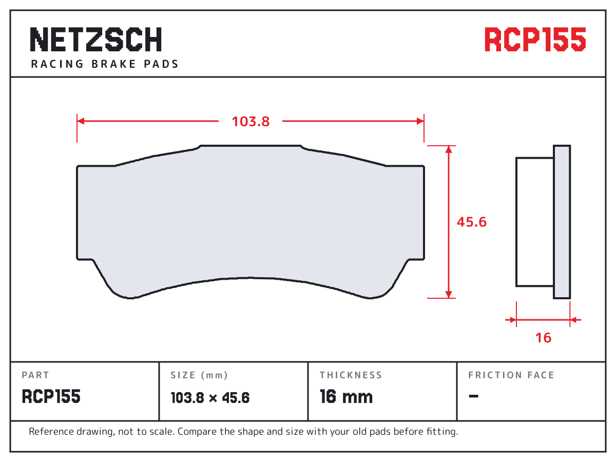 NETZSCH RCP155 brake pad drawing: 103.8 × 45.6 mm, 16 mm thick