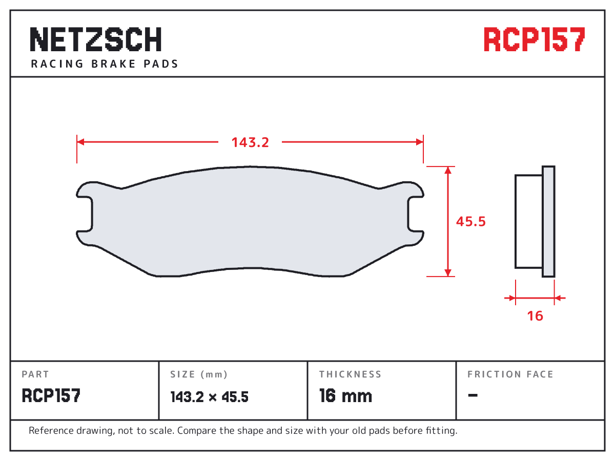 NETZSCH RCP157 brake pad drawing: 143.2 × 45.5 mm, 16 mm thick