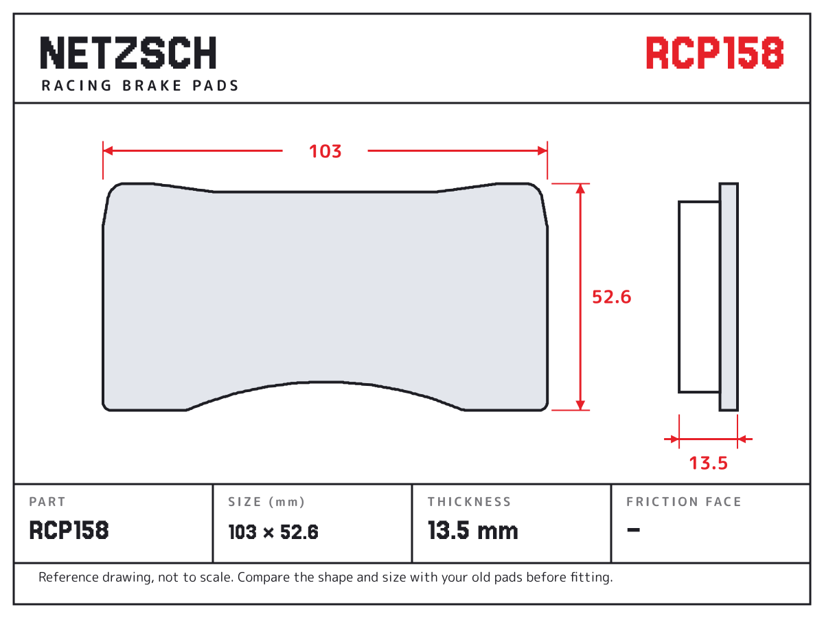 NETZSCH RCP158 brake pad drawing: 103 × 52.6 mm, 13.5 mm thick