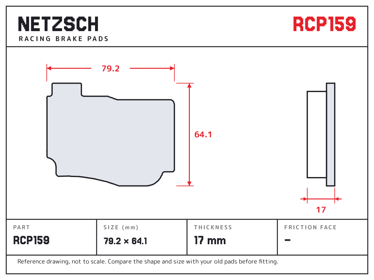 NETZSCH RCP159 brake pad drawing: 79.2 × 64.1 mm, 17 mm thick