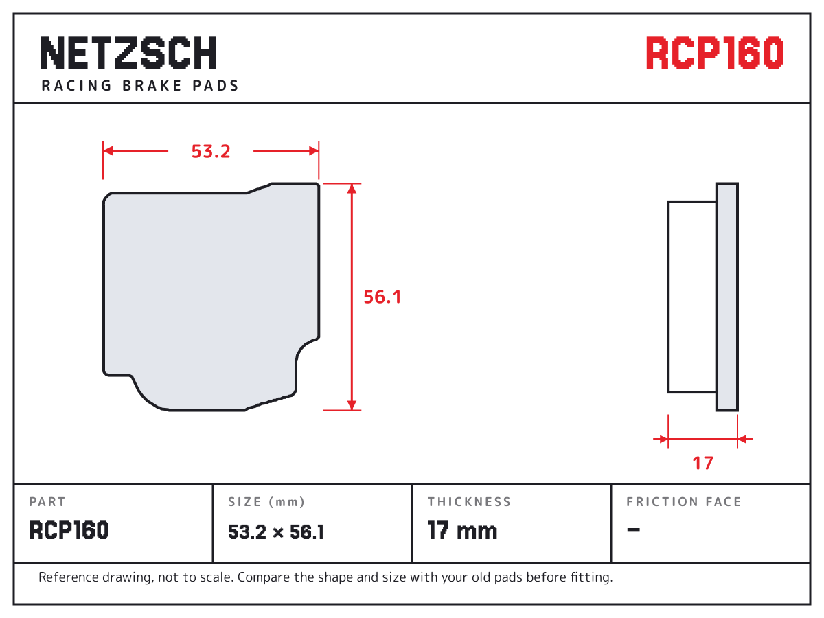 NETZSCH RCP160 brake pad drawing: 53.2 × 56.1 mm, 17 mm thick