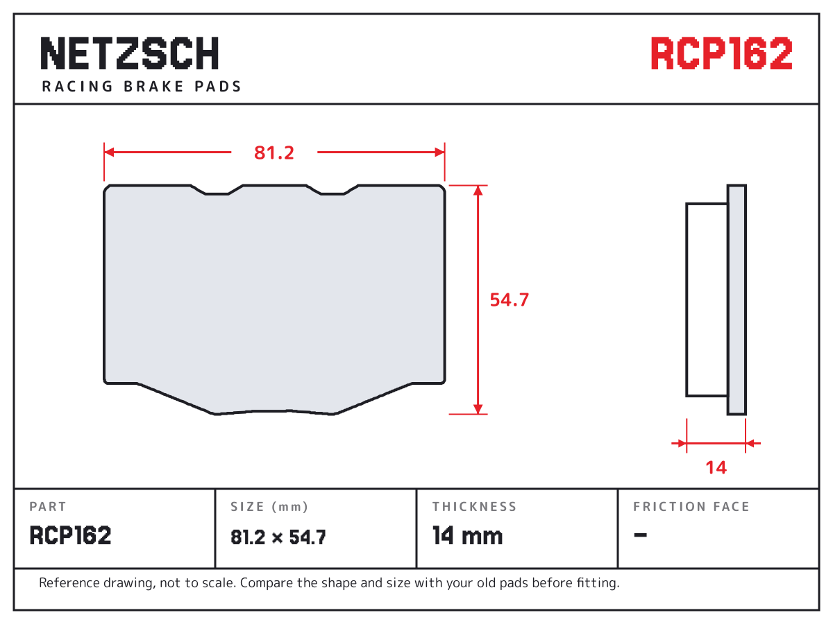 NETZSCH RCP162 brake pad drawing: 81.2 × 54.7 mm, 14 mm thick