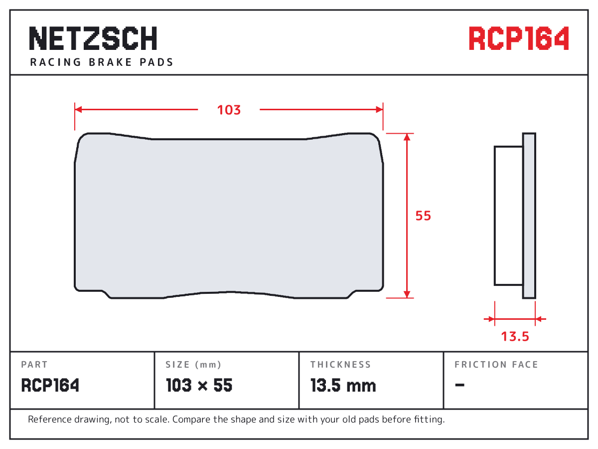 NETZSCH RCP164 brake pad drawing: 103 × 55 mm, 13.5 mm thick