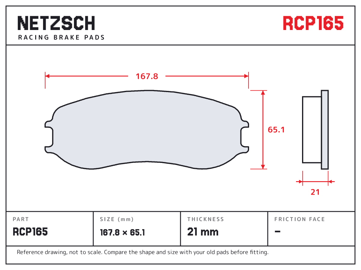 NETZSCH RCP165 brake pad drawing: 167.8 × 65.1 mm, 21 mm thick