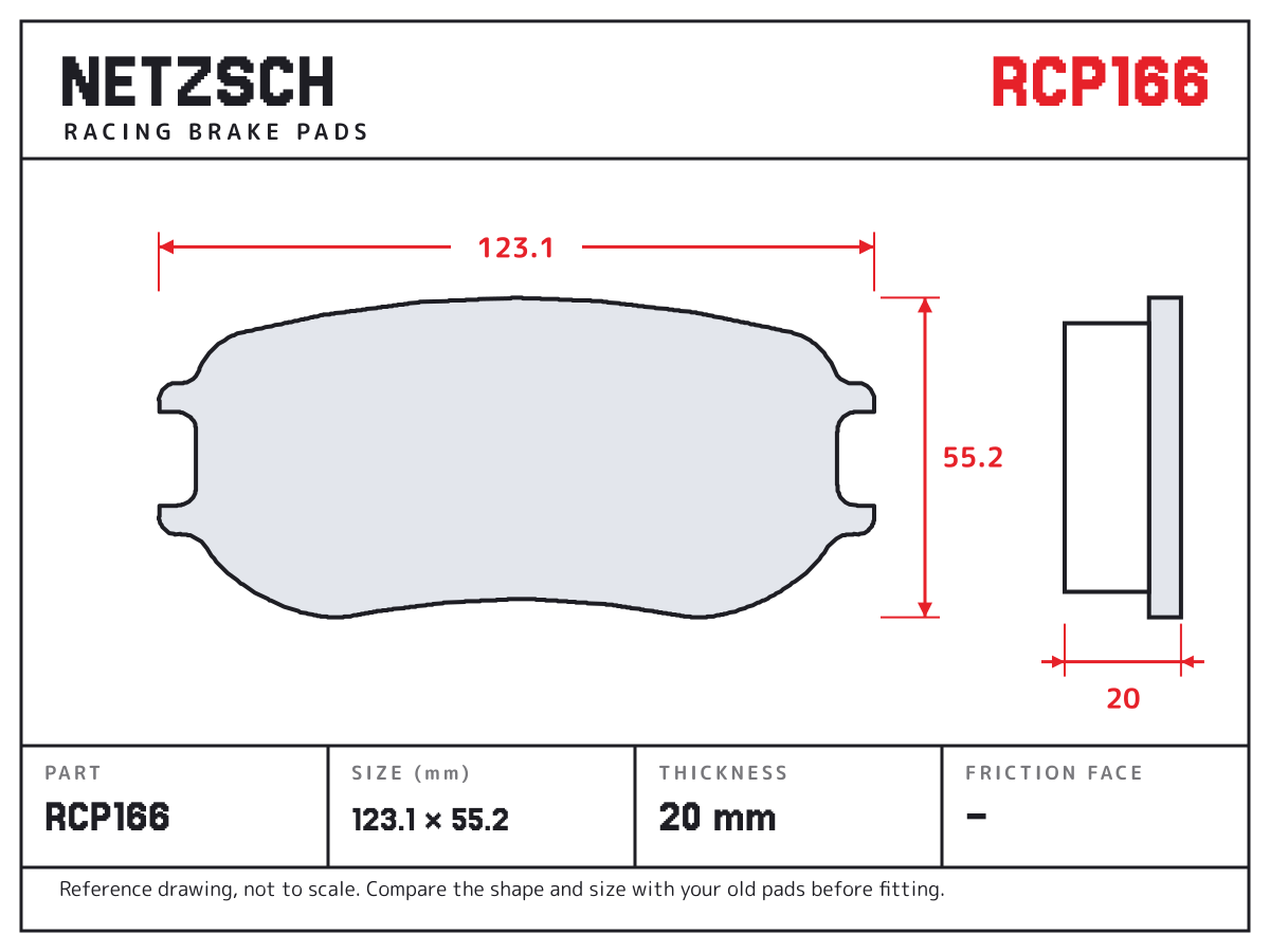 NETZSCH RCP166 brake pad drawing: 123.1 × 55.2 mm, 20 mm thick