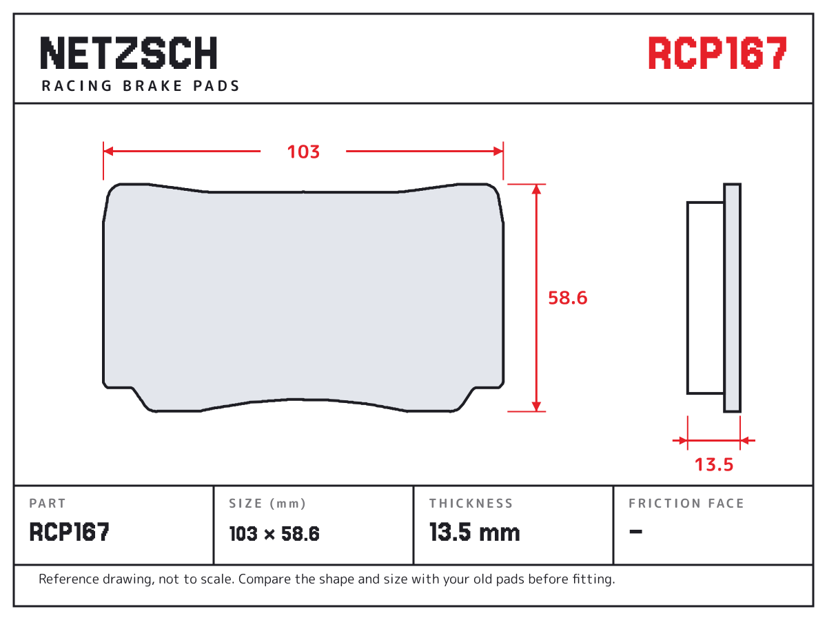 NETZSCH RCP167 brake pad drawing: 103 × 58.6 mm, 13.5 mm thick