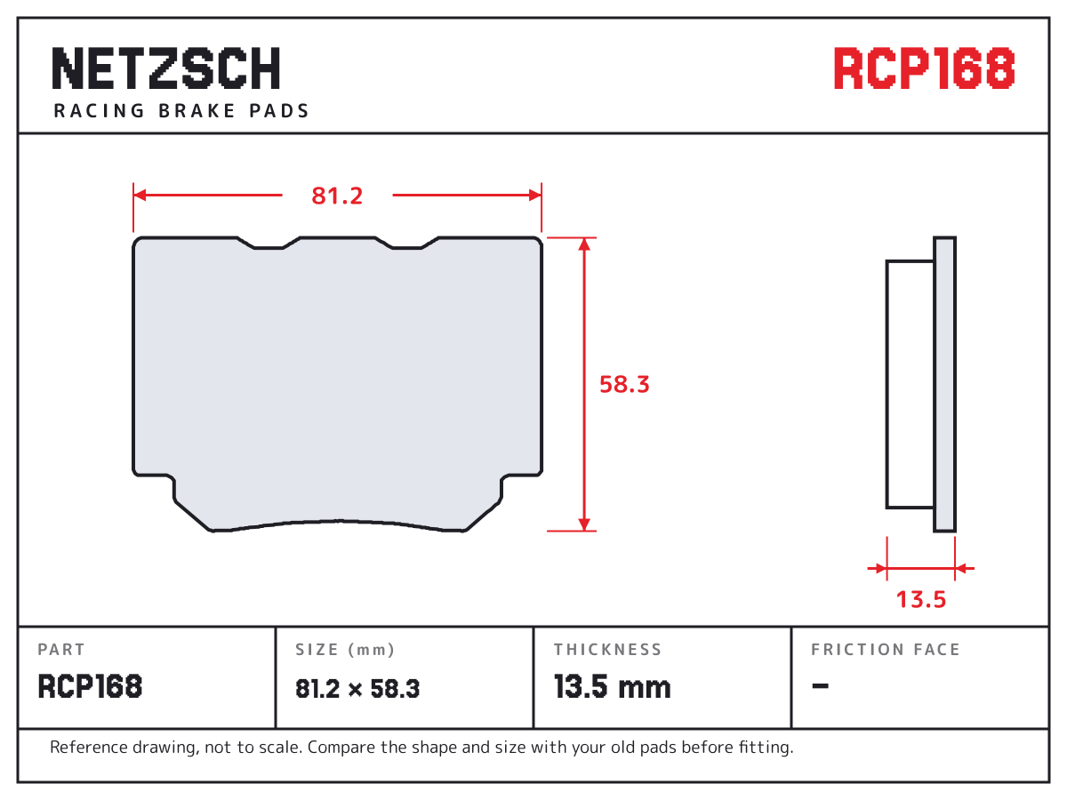 NETZSCH RCP168 brake pad drawing: 81.2 × 58.3 mm, 13.5 mm thick