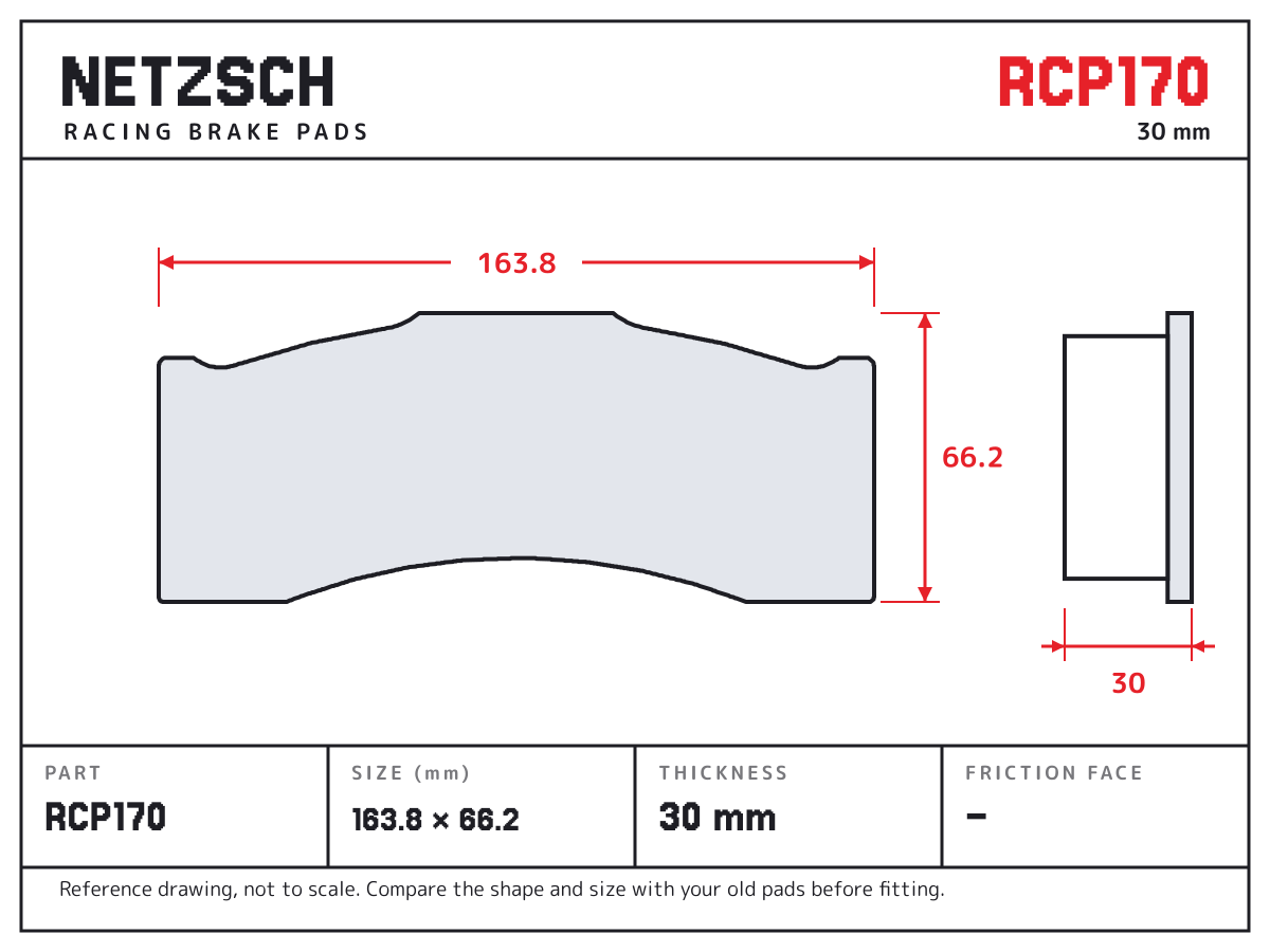 NETZSCH RCP170 brake pad drawing: 163.8 × 66.2 mm, 30 mm thick
